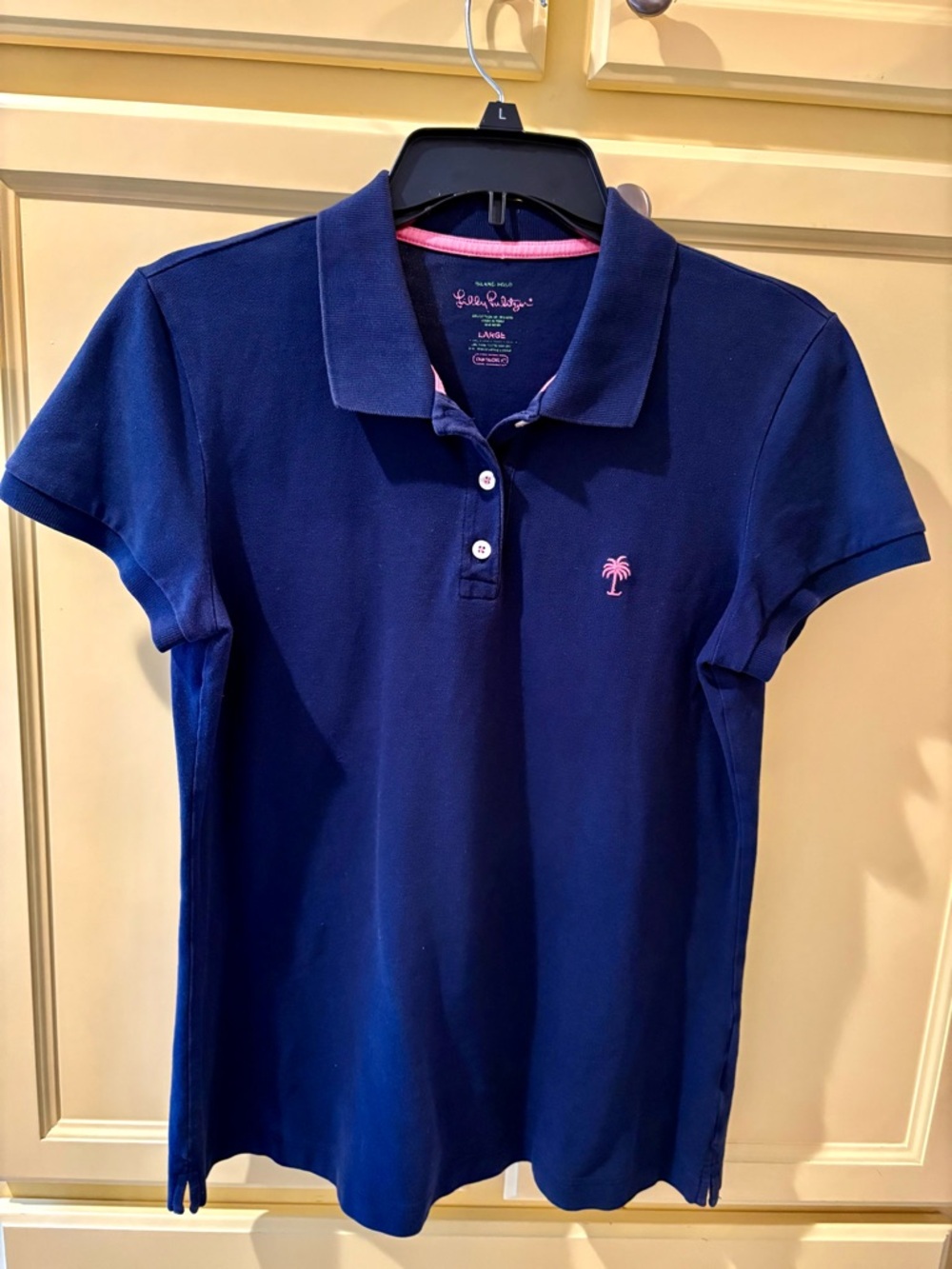 Women’s Lilly Pulitzer Navy Polo with Pink Palm Logo Size Large
